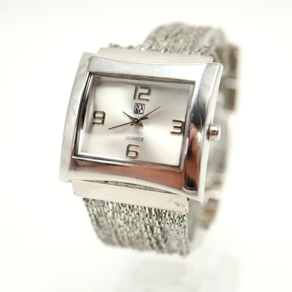 NY&C Silver Tone Womens 31mm Square Watch Metal Braid Bracelet w New Battery